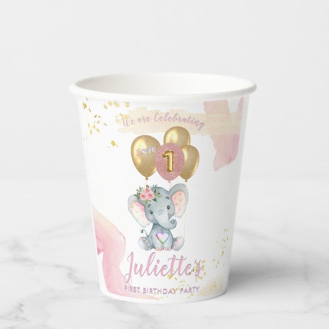 Gobelets En Papier Eléphant rose de charme premier anniversaire fille (Recto)