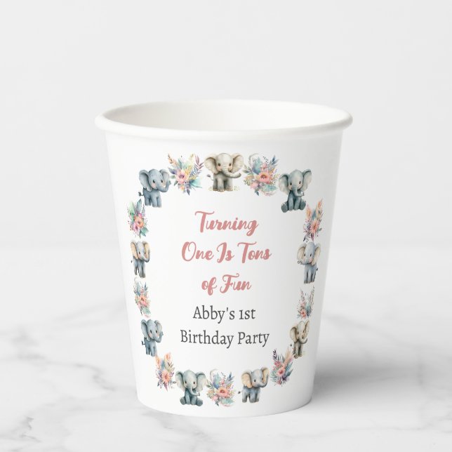 Gobelets En Papier Eléphants & Boho Jungle Fleurs Anniversaire (Recto)