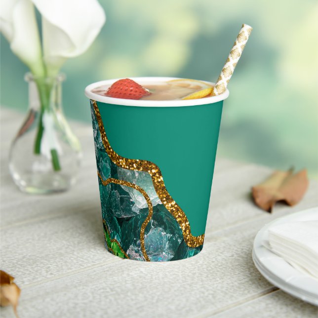 Gobelets En Papier Emerald Green & Gold Agate Parties scintillant (Insitu)