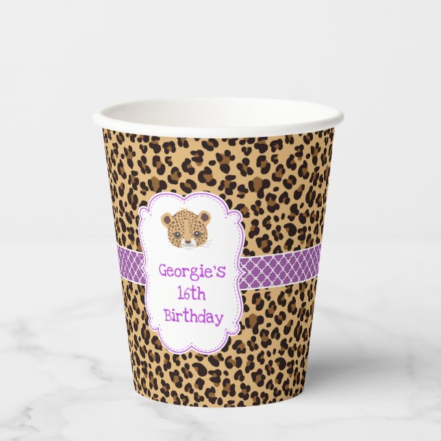 Gobelets En Papier Empreinte de léopard Purple Quatrefoil fête d'anni (Recto)