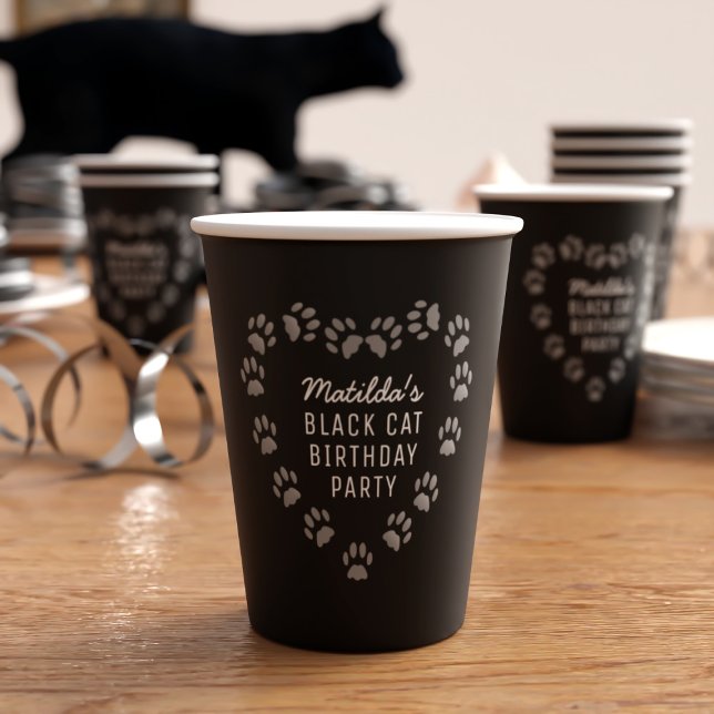 Gobelets En Papier Empreinte de patte Coeur Noir Anniversaire Coupes  (Purrfect paper cup for your black cat's purrday party (or your own). Just add your party details)