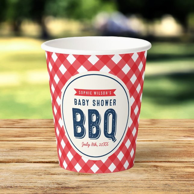 Gobelets En Papier En vichy rouge et Baby shower bleu barbecue (Créateur téléchargé)