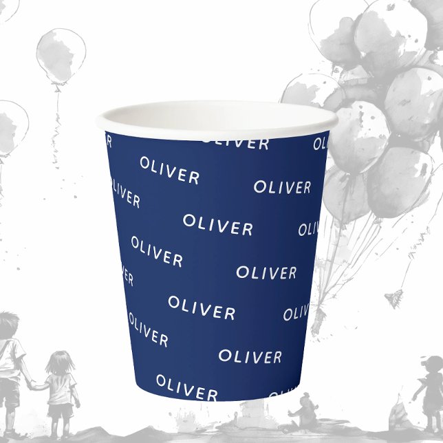 Gobelets En Papier Enfant's Birthday Dark Blue Nom (Créateur téléchargé)