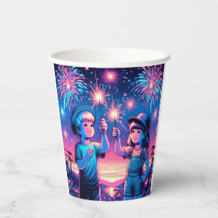 Gobelets En Papier Enfants tenant un feu d'artifice le 4 juillet