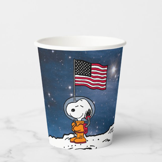 Gobelets En Papier ESPACE | Snoopy avec astronaute du drapeau (Recto)