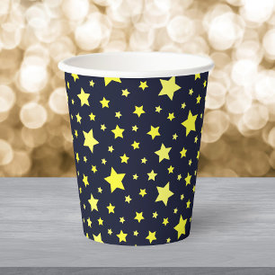 Gobelets En Papier Etoiles jaunes et Motif bleu foncé