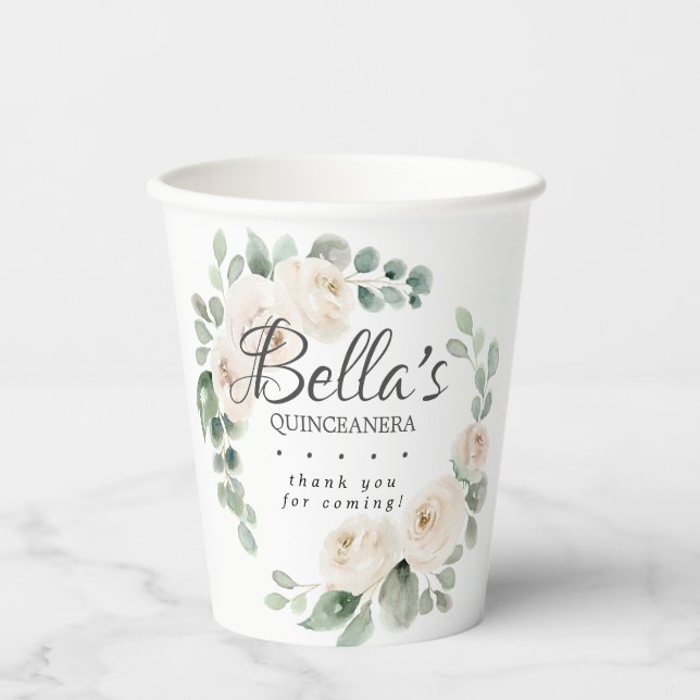 Gobelets En Papier Eucalyptus Blanc Floral Quinceanera Merci (Recto)