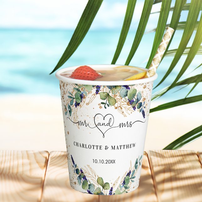 Gobelets En Papier Eucalyptus verdure mr mrs cœur mariage (Créateur téléchargé)