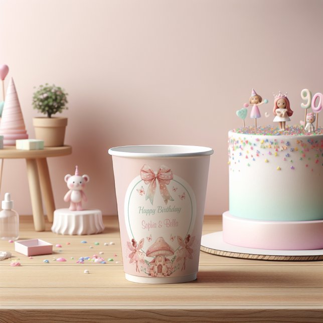 Gobelets En Papier Fairy Mushroom House Girls Ribbon Twins Anniversai (Créateur téléchargé)