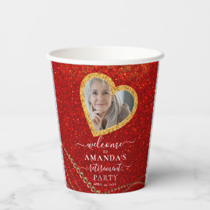 Gobelets En Papier Fancy Red Gold Glittery Custom Photo Retirement