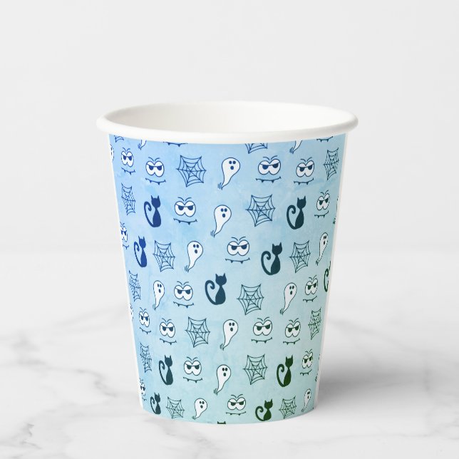 Gobelets En Papier Fantôme, toiles d'araignées et chats noirs bleu (Recto)