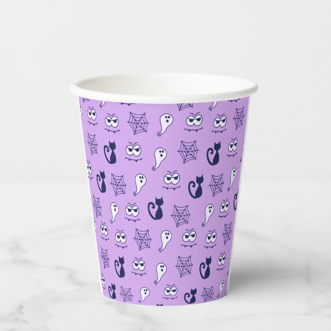 Gobelets En Papier Fantôme, toiles d'araignées et chats noirs violet (Recto)