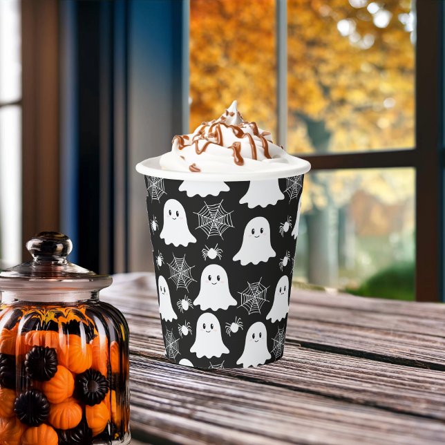 Gobelets En Papier Fantômes mignons | Araignées | Spider Webs Hallowe (Cute Ghosts, Spiders and Spider Webs Halloween Black and White Patterned Paper Cups)