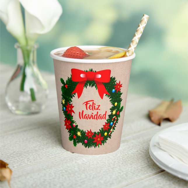 Gobelets En Papier Feliz Navidad Set Merry Christmas Wreath Bow (Insitu)