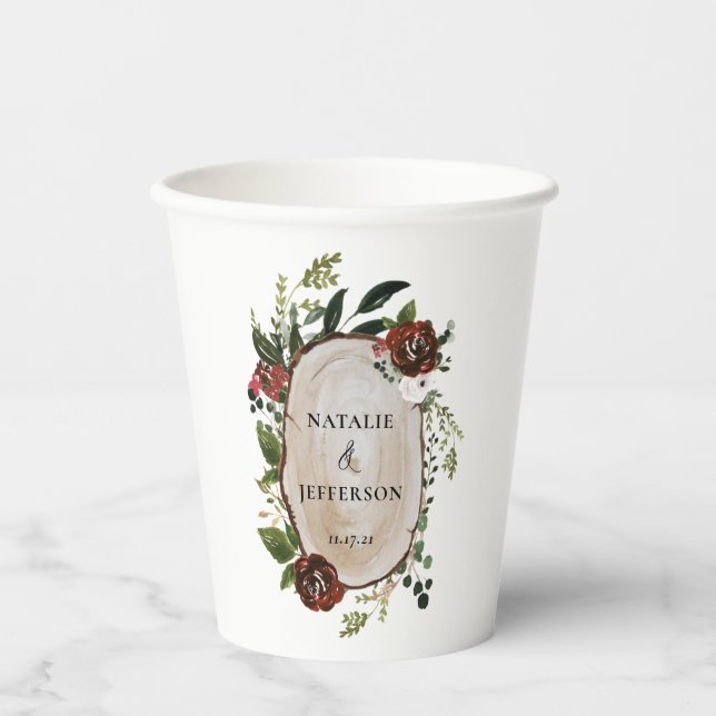 Gobelets En Papier ferme botanique tranche de bois rustique mariage (Recto)