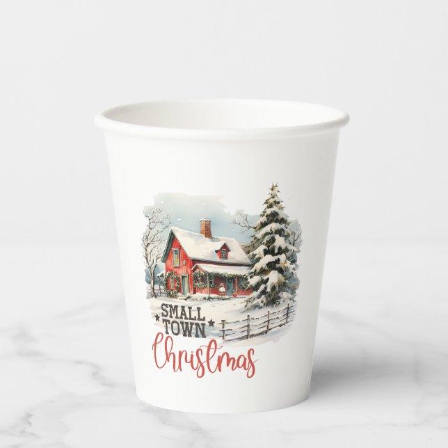 Gobelets En Papier Ferme de Noël rustique de petite ville (Recto)