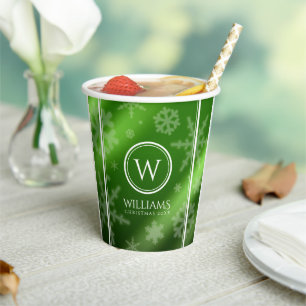 Gobelets En Papier Festif Green Foil Snowflakes Nom du monogramme