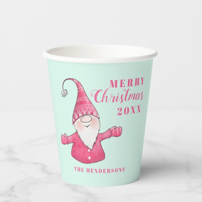 Gobelets En Papier Festive mignonne Gnome rose et vert menthe Noël (Recto)