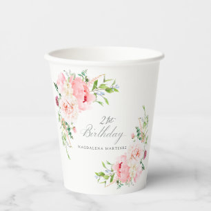 Gobelets En Papier Fête d'anniversaire 21 ans Fleur de pivoine rose p