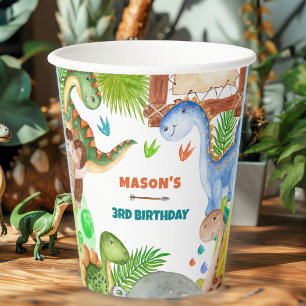 Gobelets En Papier Fête d'anniversaire 3 ans de garçon dinosaure