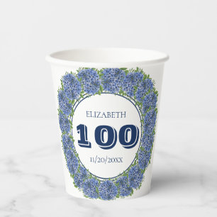 Gobelets En Papier Fête d'anniversaire de 100 ans d'Hydrangea Bleu Fl