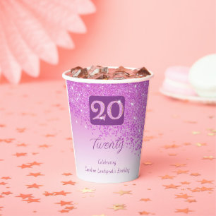 Gobelets En Papier Fête d'anniversaire de 20 ans scintillante rose