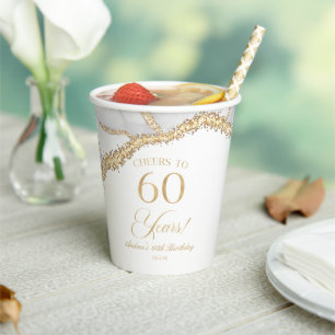 Gobelets En Papier Fête d'anniversaire de 60 ans en agate or blanc él