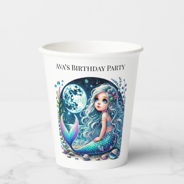 Gobelets En Papier Fête d'anniversaire de fille sirène lunatique (Recto)