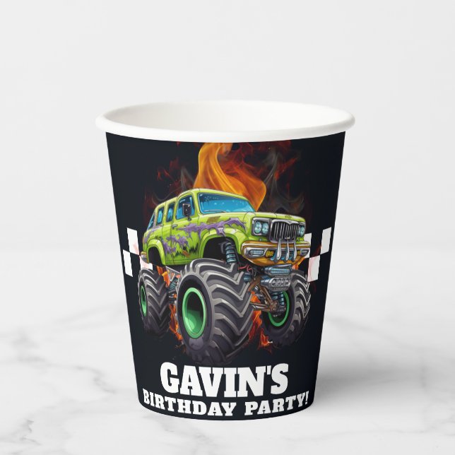 Gobelets En Papier Fête d'anniversaire de Monster Truck personnalisée (Recto)