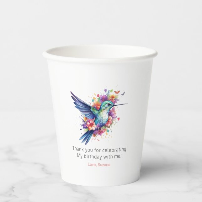 Gobelets En Papier Fête d'anniversaire des Hummingbirds Floral Bouque (Recto)