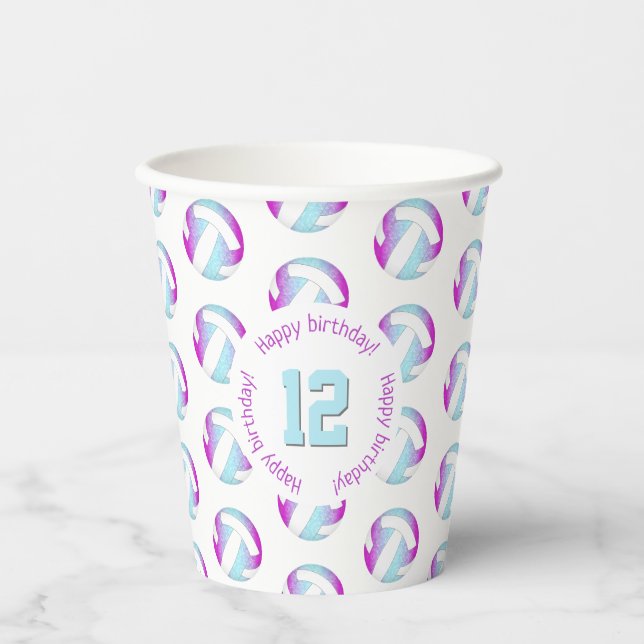 Gobelets En Papier fête d'anniversaire girly rose violet bleu volleyb (Recto)