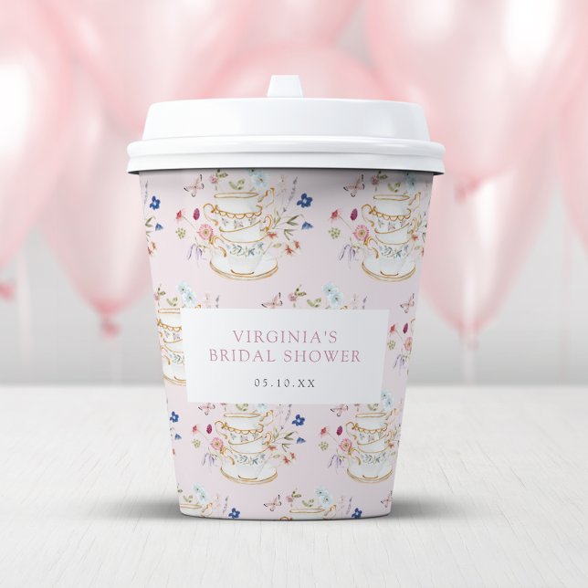 Gobelets En Papier Fête de mariage avec thé rose (Pink Tea Party Bridal Shower Paper Cups by Painted Paperie
)