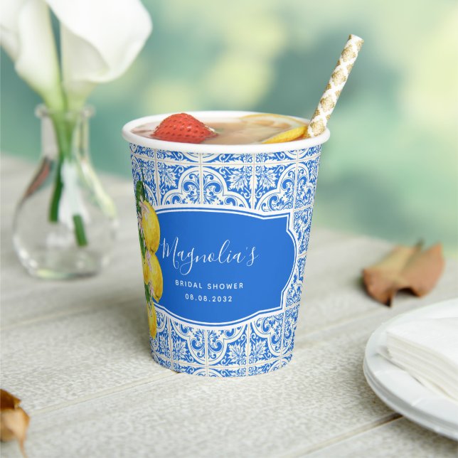 Gobelets En Papier Fête de mariage Citron Citrus Méditerranée Bleu (Insitu)