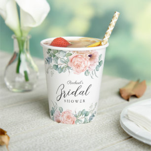 Gobelets En Papier Fête de mariage floral aquarelle rose et beige