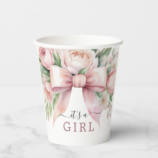 Gobelets En Papier Fête de naissance au nœud rose pâle floral romanti