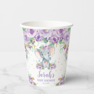 Gobelets En Papier Fête de naissance éléphant floral pourpre