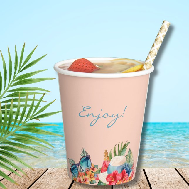 Gobelets En Papier Fête des mariées de plage aux fleurs roses tropica (Créateur téléchargé)