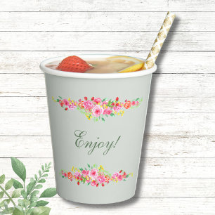 Gobelets En Papier Fête des mariées Peach Pink Peony vert Sage