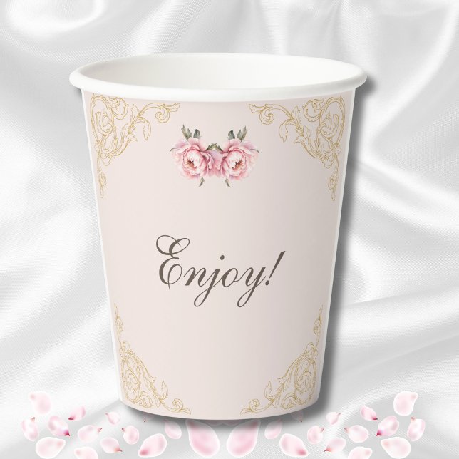 Gobelets En Papier Fête des mariées Vintage Peony aux fleurs roses (Créateur téléchargé)