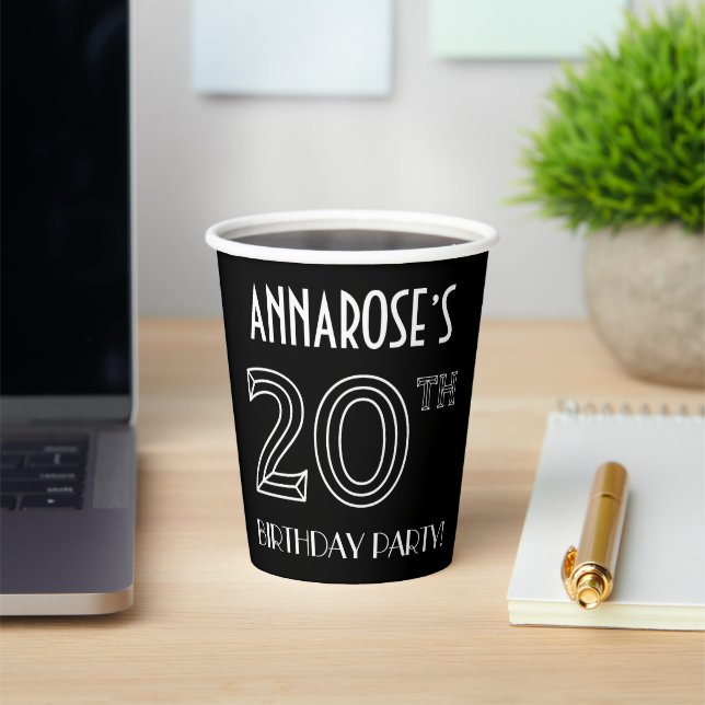 Gobelets En Papier Fête du 20e anniversaire : Style Art Déco + Nom pe (Insitu)