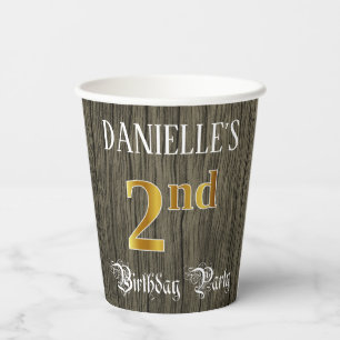 Gobelets En Papier Fête du 2e anniversaire — Faux Gold & Faux Wood Lo