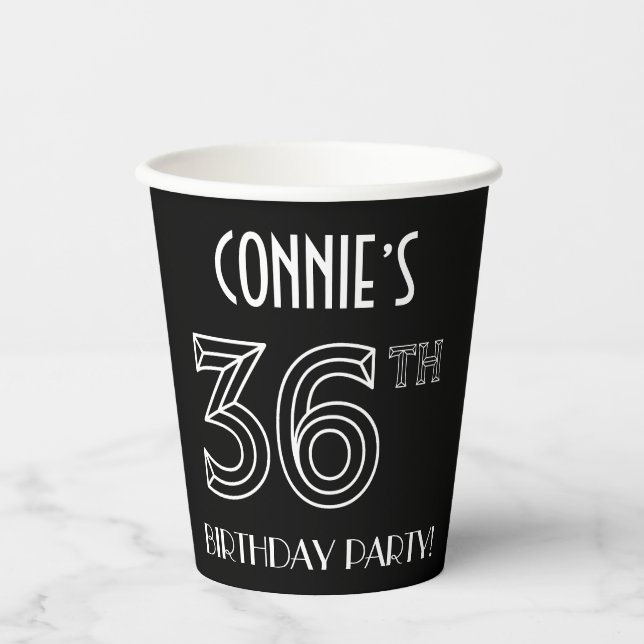 Gobelets En Papier Fête du 36e anniversaire : Style Art Déco + Nom pe (Recto)