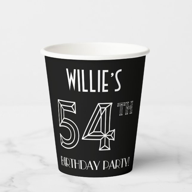 Gobelets En Papier Fête du 54e anniversaire : Style Art Déco + Nom pe (Recto)