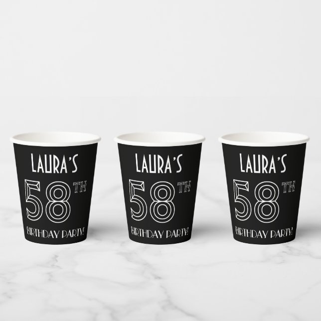 Gobelets En Papier Fête du 58e anniversaire : Style Art Déco + Nom pe (Multi)