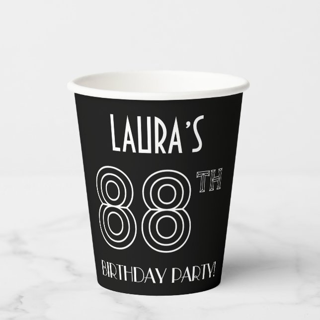Gobelets En Papier Fête du 88e anniversaire : Style Art Déco + Nom pe (Recto)