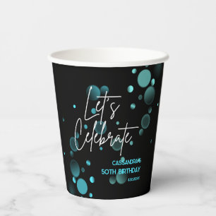 Gobelets En Papier Fêtons l'anniversaire bleu du Bokeh Gradient noir