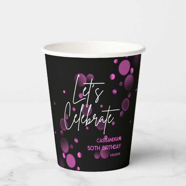 Gobelets En Papier Fêtons l'anniversaire rose Bokeh Gradient noir (Verso)