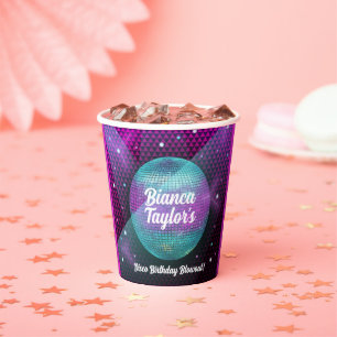 Gobelets En Papier Feu Disco violet et rose fête d'anniversaire