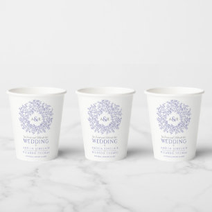 Gobelets En Papier Feuille monogramme art mariage blanc peri bleu vio