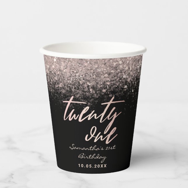 Gobelets En Papier Fille 21e anniversaire Noir et Rose Parties scinti (Recto)